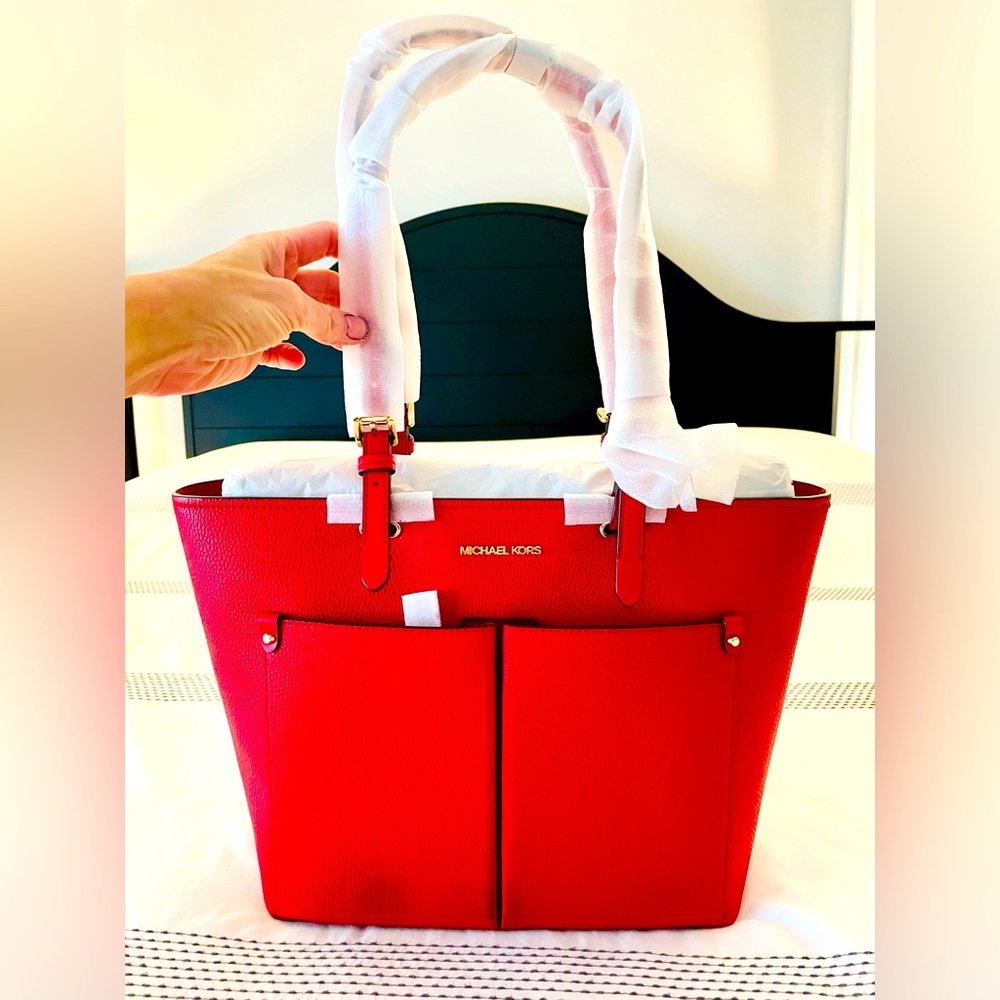 NEW Michael Kors Jet Set Medium Double Pocket Vegan Leather Tote in Bright Red